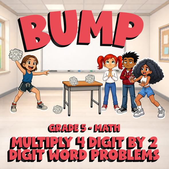 Multiply 4 Digit by 2 Digit Word Problems BUMP Math Game - No Prep Grade 5