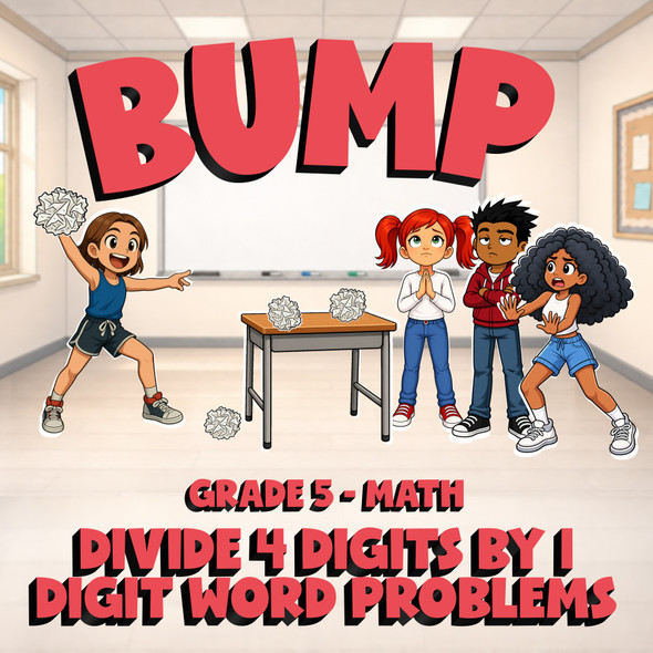 Divide 4 Digits by 1 Digit Word Problems BUMP Math Game - No Prep Grade 5 Review
