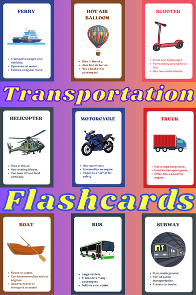 Transportation Flash Cards | Vehicles & Transport Vocabulary | Kindergarten