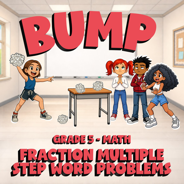 Fraction Multiple Step Word Problems BUMP Math Game - No Prep Grade 5 Review