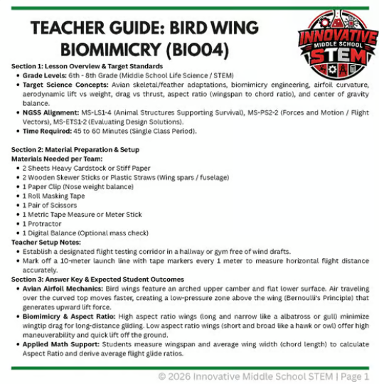 Bird Wing Aerodynamics Biomimicry STEM Lab (BIO04) | Middle School Life Science (Grades 6-8)
