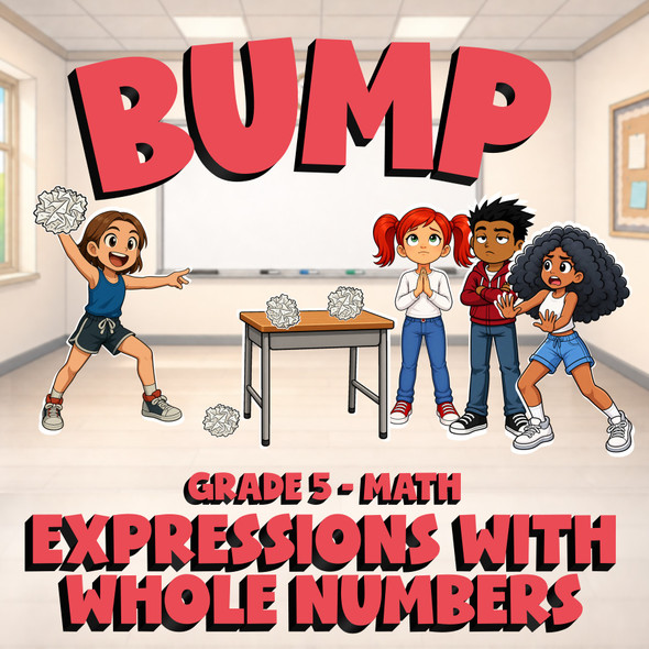 Expressions with Whole Numbers BUMP Math Game - No Prep Grade 5 Review Activity