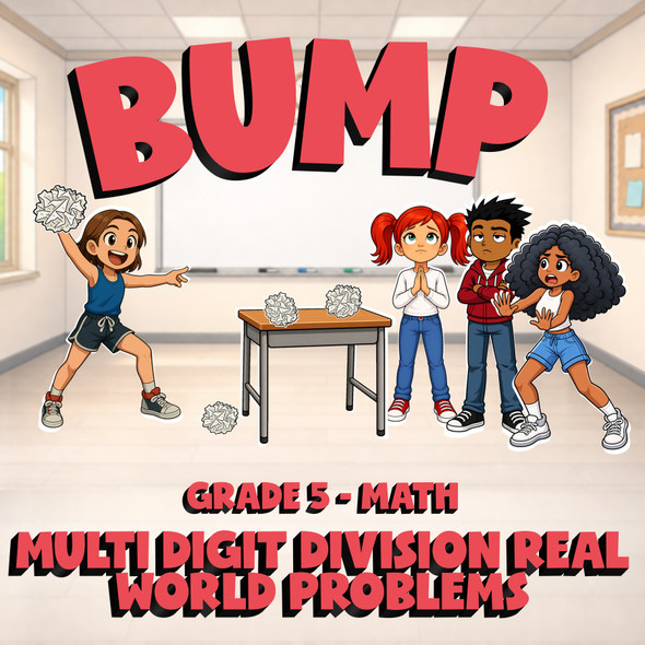 Multi Digit Division Real World Problems BUMP Math Game - No Prep Grade 5 Review