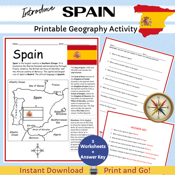 Spain Printable Geography Activity | 2 Printable Worksheets + Answer Key