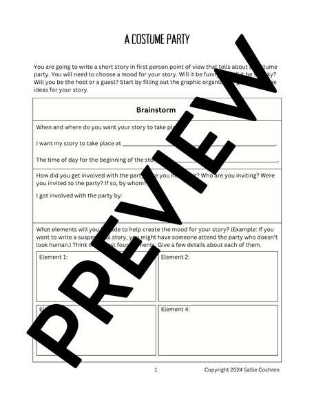 Halloween Writing Prompt: A Costume Party, Middle School 6th 7th 8th Grade