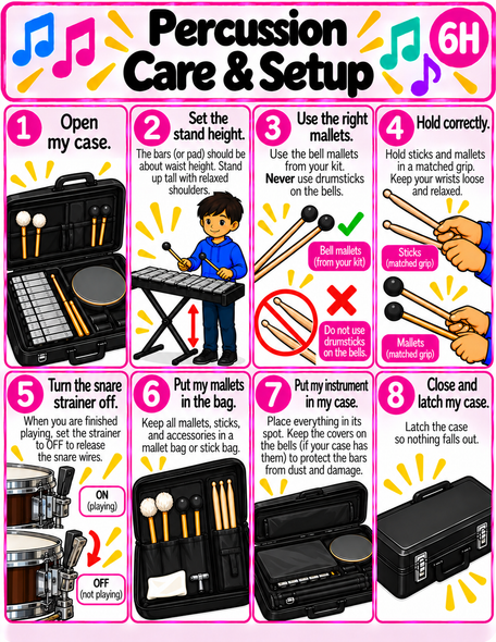 10624 : Beginning Band Instrument Care Posters | 8-Step Setup Routine for Grades 3-8
