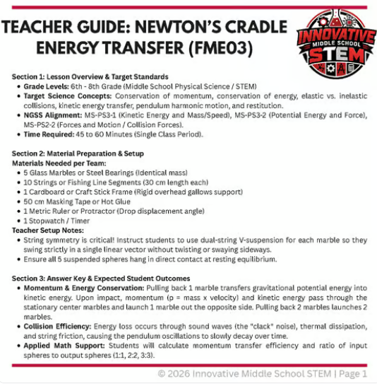 Newton’s Cradle Energy Transfer STEM Challenge (FME03) | Middle School Physical Science (Grades 6-8)