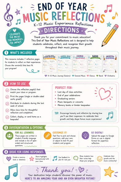 10624 : End of Year Music Reflection Worksheets | General Music Band Orchestra Chorus
