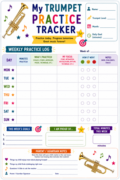 10624 : Trumpet Practice Tracker for Kids - Printable Practice Log, Goal Sheet