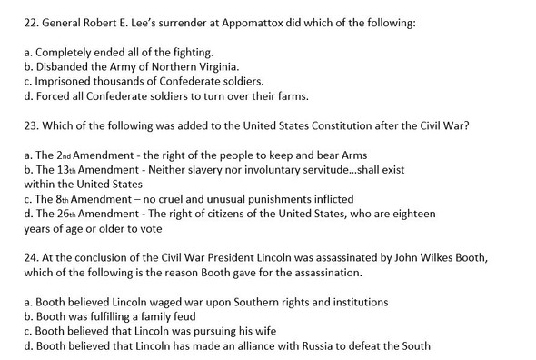 Civil War Test and Key: 25 Multiple Choice and 4 Documents Based Questions