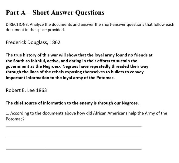 Civil War Test and Key: 25 Multiple Choice and 4 Documents Based Questions