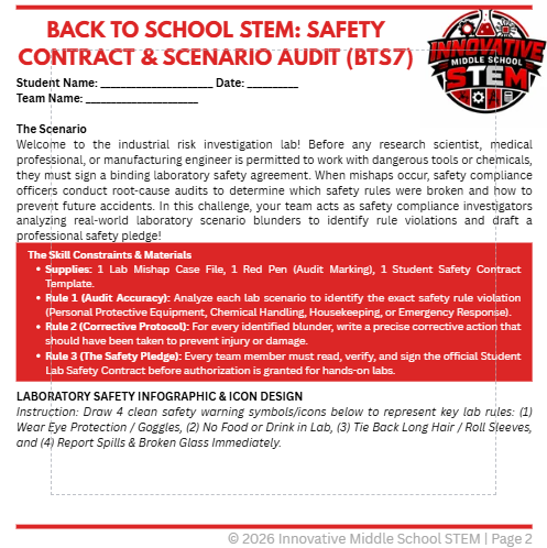 Back to School STEM Activity: Contract & Scenario Audit (BTS7) | Middle School Science Lab Safety (Grades 6-8)