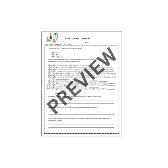10638 : NEEDS VS WANTS WORKSHEET FOR 6 -8 GRADE