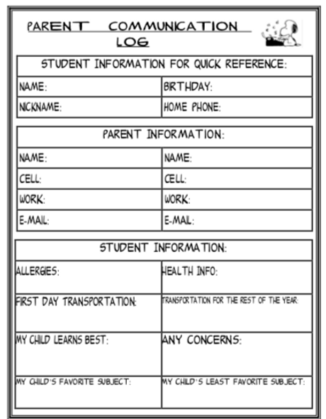 Peanuts Themed Parent Information Sheet w/ Communication Log