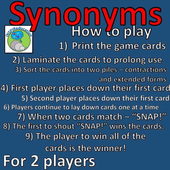 Synonyms - Same Meaning - Snap! Card Game, 90 cards to play with