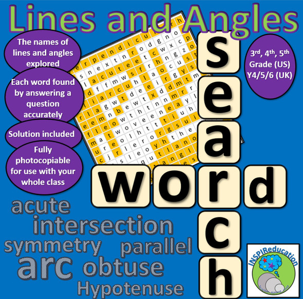 Lines and Angles Vocabulary -  Quiz and Word Search. Answer the questions to find the words in the grid