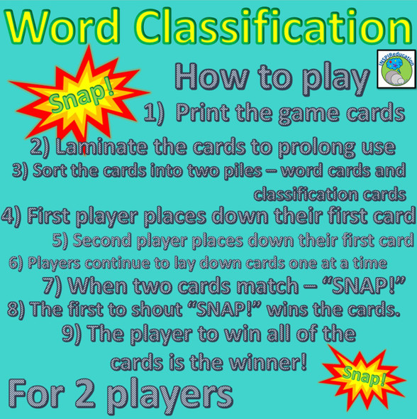 Word Classification - Snap! Game - 9 Word Classes included (Print, Cut and Play)