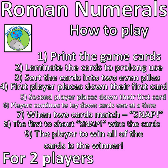 Roman Numerals - Snap! Card Game (100 cards with a range of numbers used)