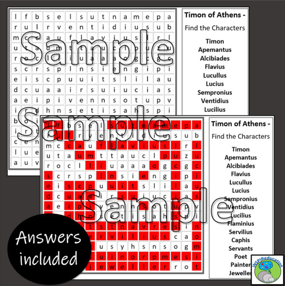 William Shakespeare Tragedies - Timon of Athens (Character Wordsearch) FREE