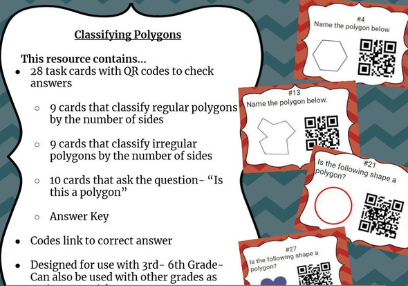 28 Task Cards with QR codes to sort and classify polygons based on number of sides