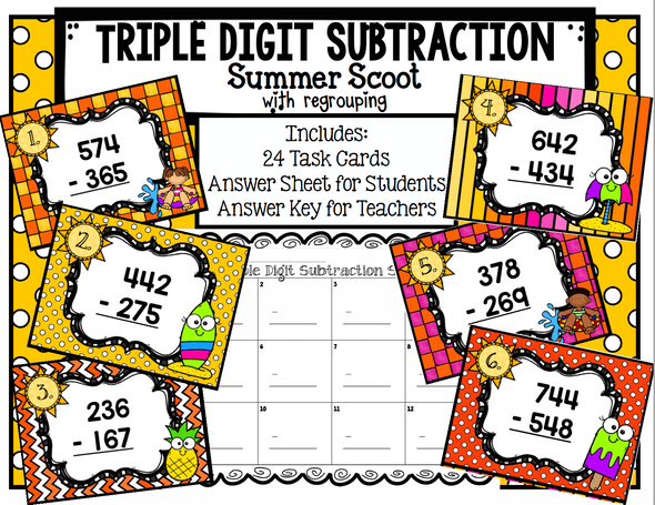 Triple Digit Subtraction Summer Task Cards Scoot