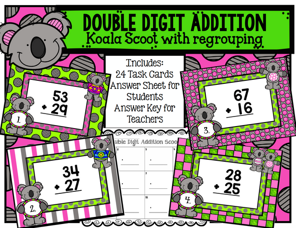 Double Digit Addition Koala Task Cards Scoot