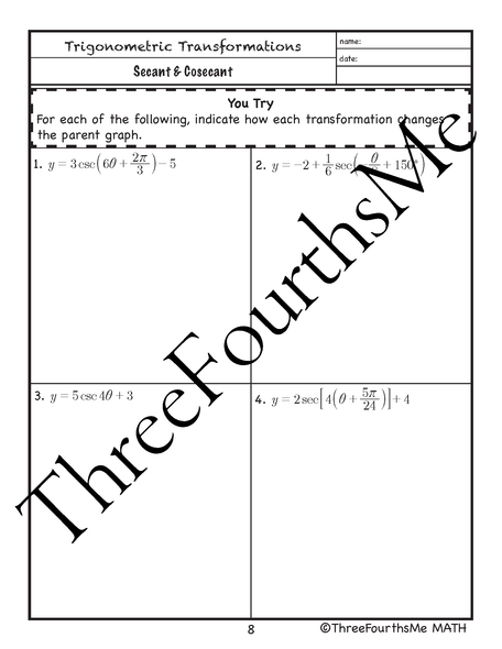 Transformations of Cosecant and Secant Scaffolded Notes with Classwork