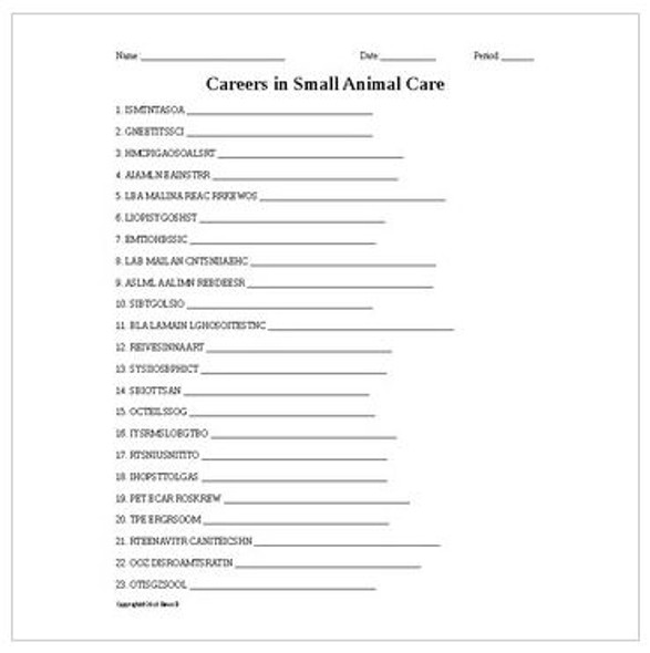 Vocabulary Word Scramble Collection for Small Animal Science Students