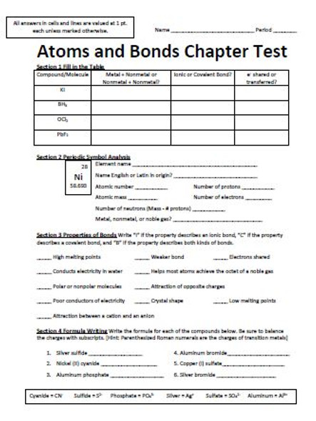 Atoms and Bonds Chapter Test