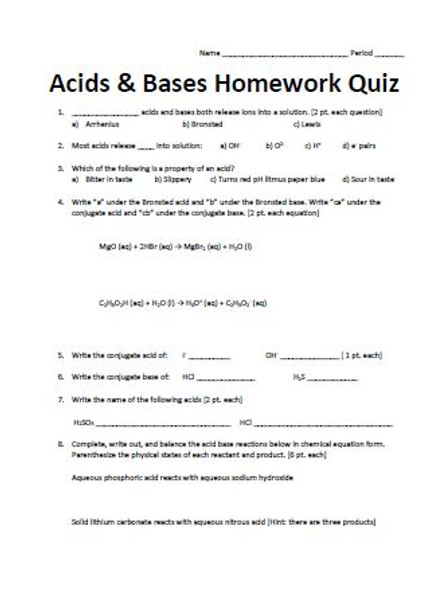 Acids and Bases Homework Quiz