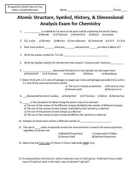 Atomic Structure, Symbol, History, and Dimensional Analysis Exam for Chemistry