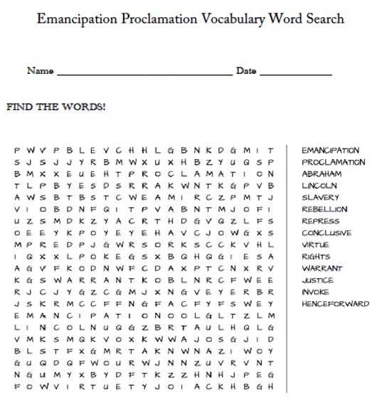 Emancipation Proclamation Word Search