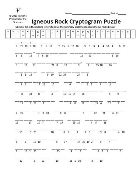 Igneous Rock Cryptogram Puzzle 