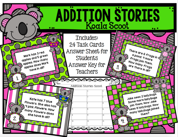 Addition Stories Koala Scoot Task Cards