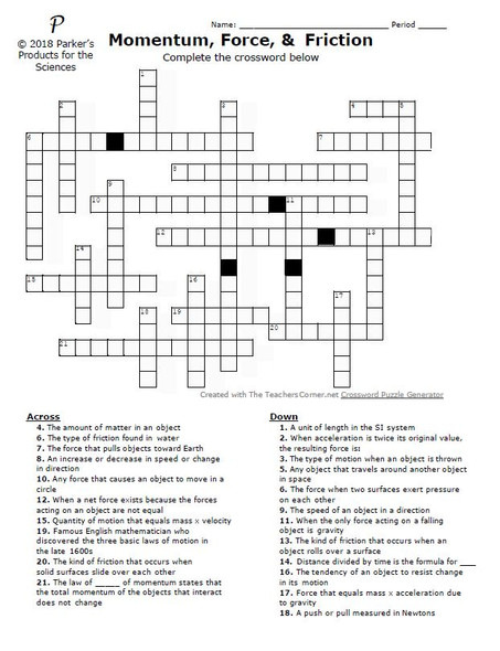 Momentum, Force and Friction Crossword Puzzle