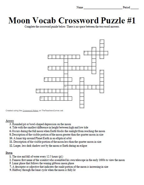 Moon Vocabulary Crossword Puzzle Set