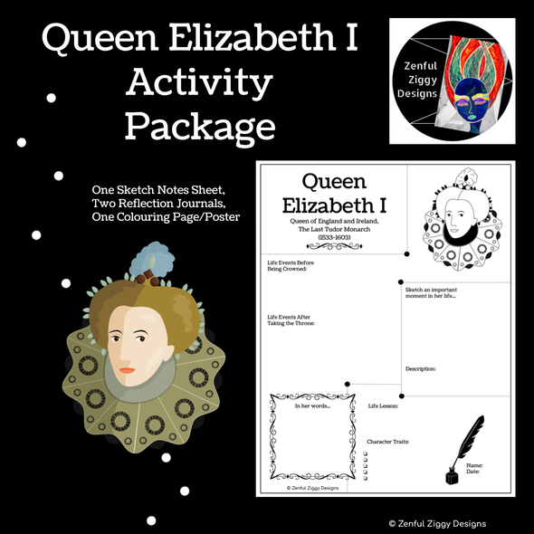 Queen Elizabeth I Activity Package- Printable Sketch Notes, Journals, Poster