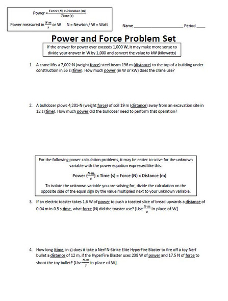 Power and Force Problem Set with a Key