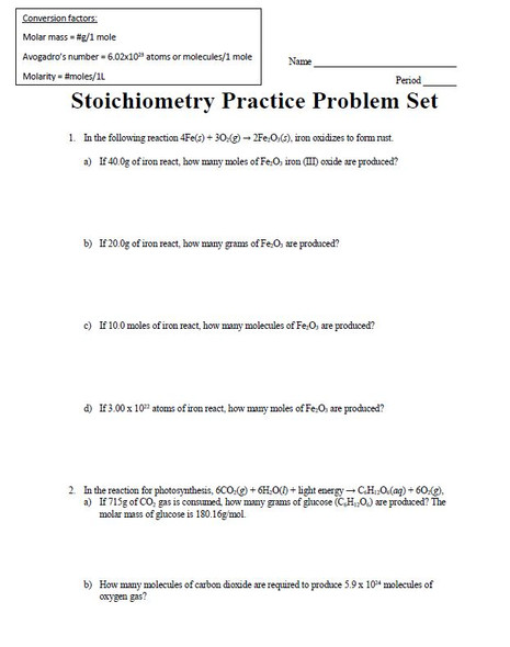 Stoichiometry Practice Problem Set for Chemistry