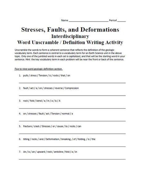 Stresses, Faults, and Deformations Word Unscramble Definition Writing Activity 