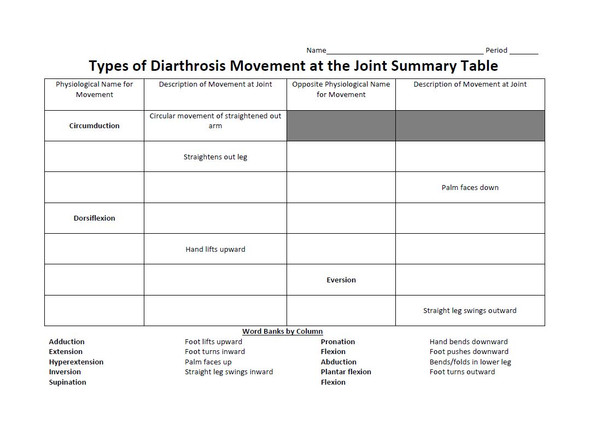 Types of Diarthrosis Movement at the Joint Summary Table (Skeletal System)