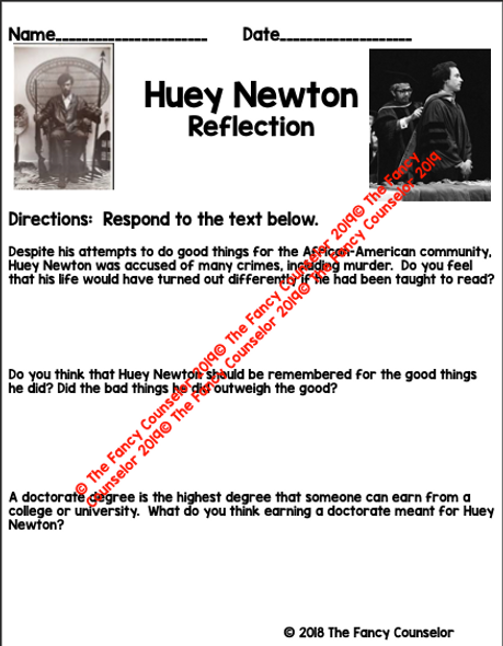 Huey Newton Black History Comprehension Reflection Discussion Activity and Lesson