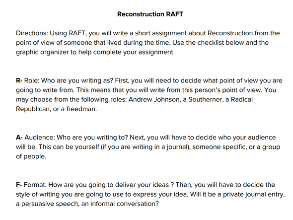 Reconstruction RAFT Writing Assignment