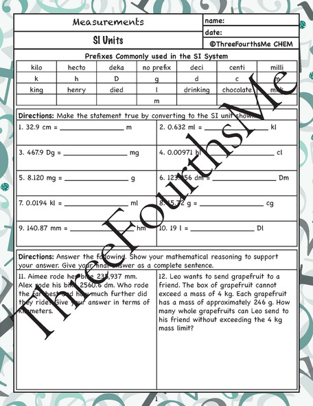 International System of Units (SI) Classwork / Homework