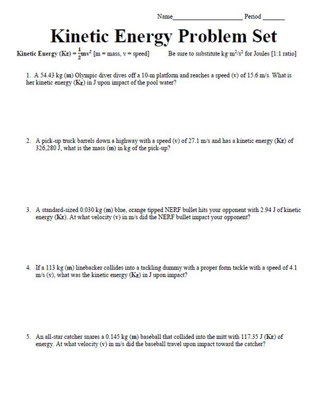 Kinetic Energy Problem Set with a Key