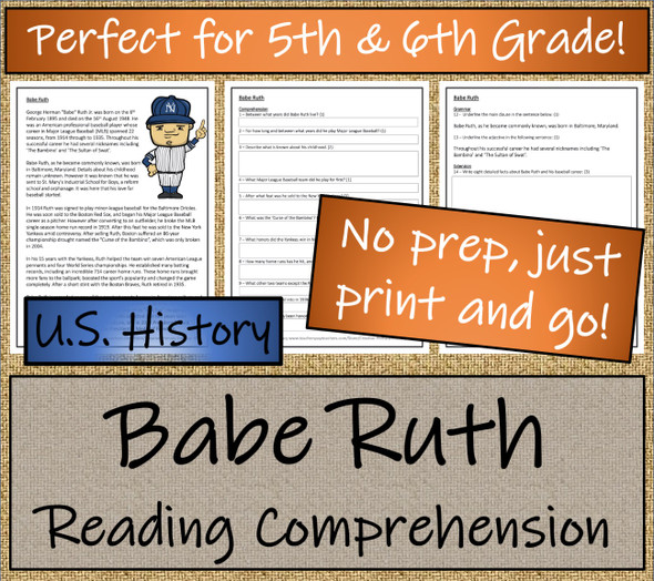 Babe Ruth Close Reading Activity | 5th Grade & 6th Grade