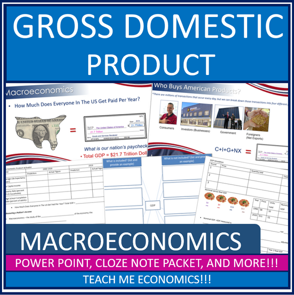 Gross Domestic Product GDP Power Point, Guided Note Packet, Test, Webquest, Economics, Google 1:1 Distance Learning 1 to 1 Interactive Notebook