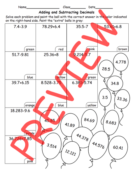 Adding and Subtracting Decimals Color by Number