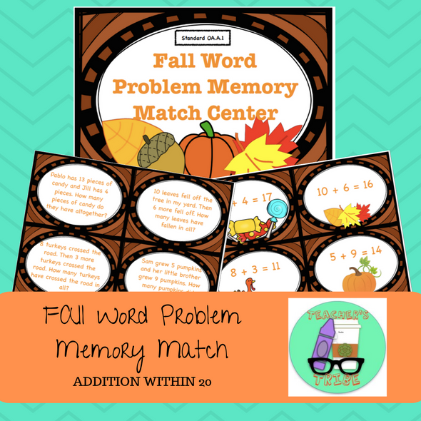 Fall Word Problem Memory Match (Addition and Subtraction within 20)