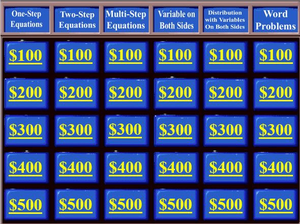 Solving Equations (All Types) Jeopardy! 30 Questions, 6 Categories